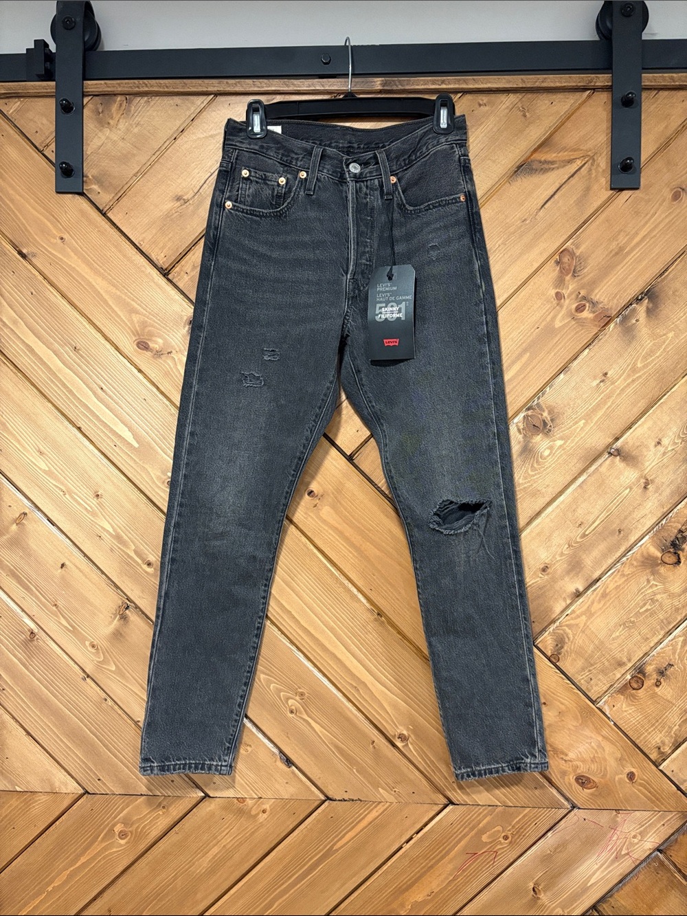 Levi's 501 Skinny Washed Black Jeans with Rips W25 L28 100% Cotton